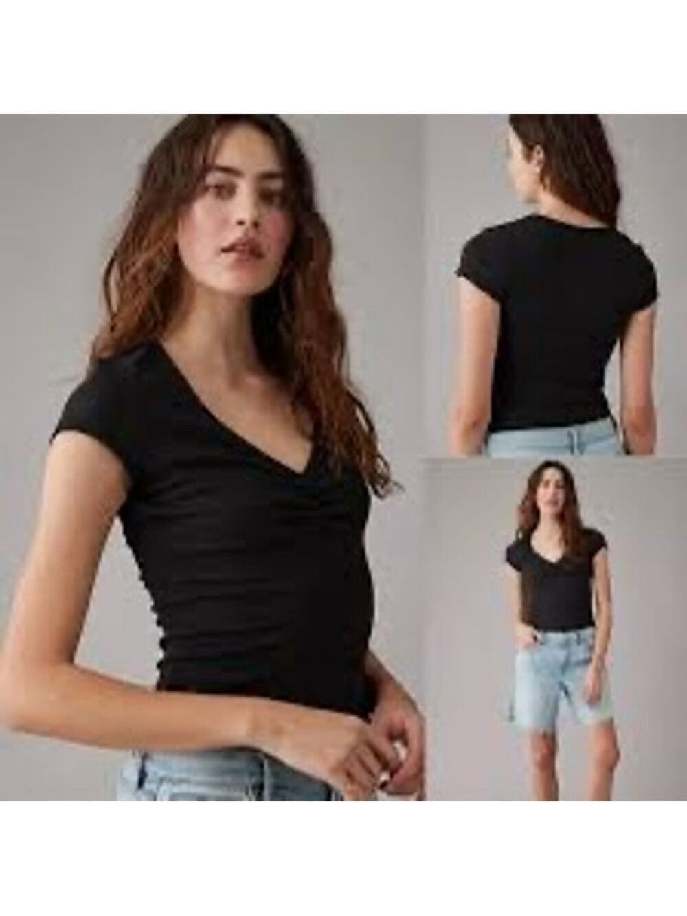 American Eagle Black Ribbed V-Neck Bodysuit S NWT